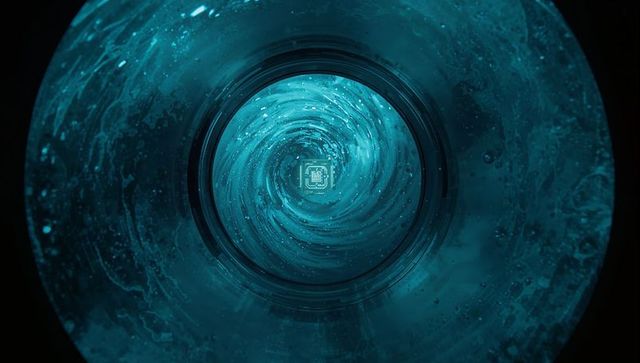Teal vortex revealing microchip emblem inside cylindrical liquid chamber, futuristic tech