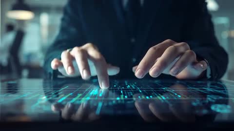 Executive Interacting with Futuristic Holographic Interface