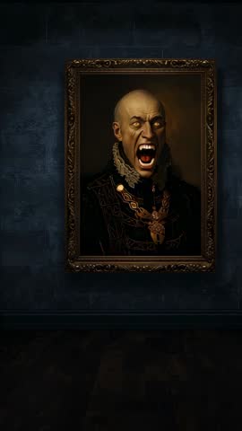 Vertical gothic portrait man baring fangs in flickering gallery light, ornate regal frame