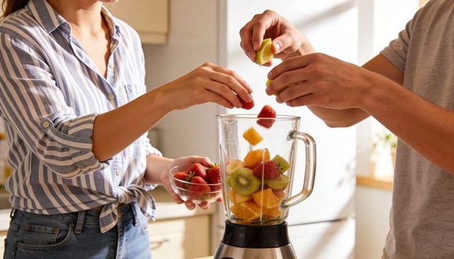 Couple preparing fresh fruit smoothie in sunlit kitchen adding strawberries, kiwi and lime