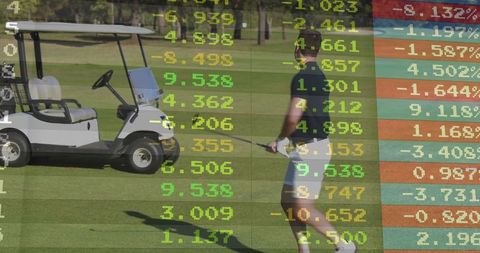 Focused golfer standing on fairway with stock market data overlay
