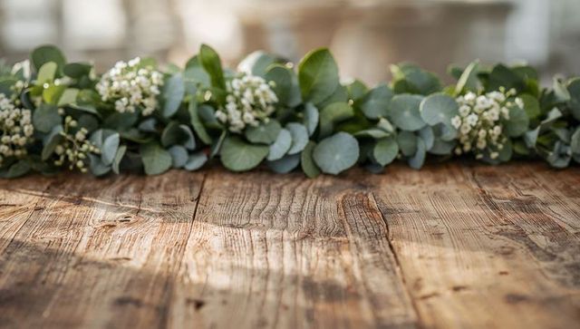 Rustic eucalyptus garland on weathered wooden table with warm bokeh light
