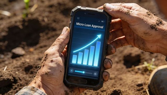 Farmer holding rugged smartphone checking micro-loan approval growth chart, muddy hands