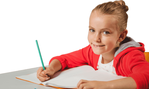 cheerful caucasian girl writing in notebook on transparent background - Download Free Stock Videos Pikwizard.com