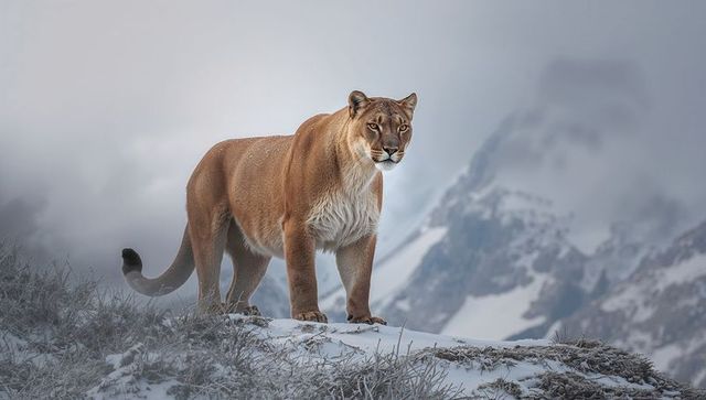 Massive puma standing on snow-dusted ridge with misty alpine peak — focused wild cougar
