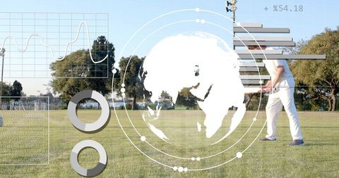 Golfer following through on fairway with performance analytics overlays and coaching dashboard