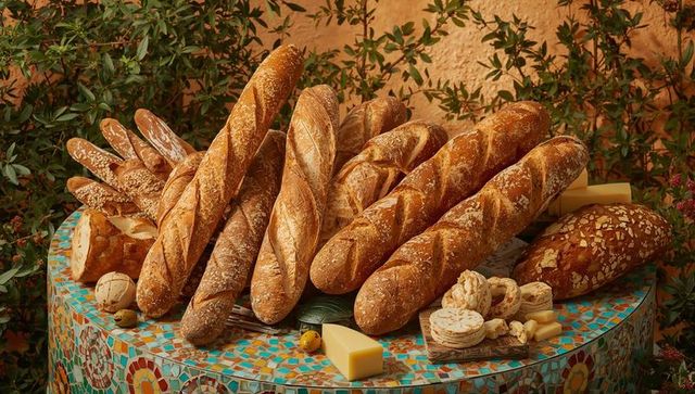 Stacking crusty baguettes and artisanal loaves resting on mosaic table with cheese