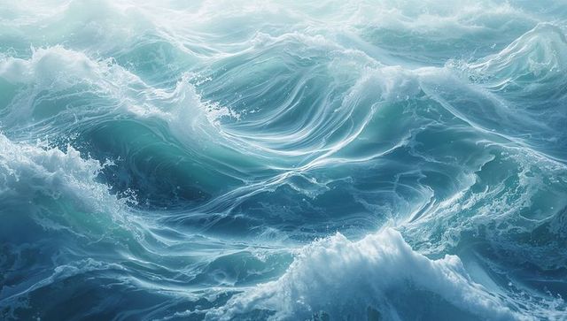 Turbulent Ocean Waves Swelling and Cresting, White Foam and Sea Spray Over Deep Blue Motion
