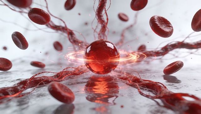 Crimson orb emitting energy halo among floating red blood cells and filamentous vessels