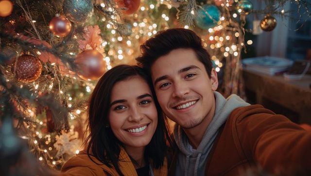 Couple Taking Selfie by Christmas Tree in Festive Living Room
