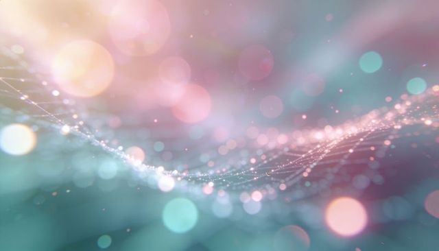 Pastel bokeh wave shimmering filament mesh in teal pink gold luminescent gradient
