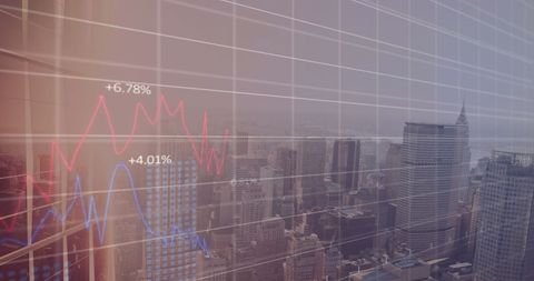 Futuristic financial data over urban cityscape