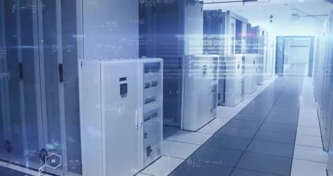 Futuristic Data Center with Floating Digital Mathematical Equations