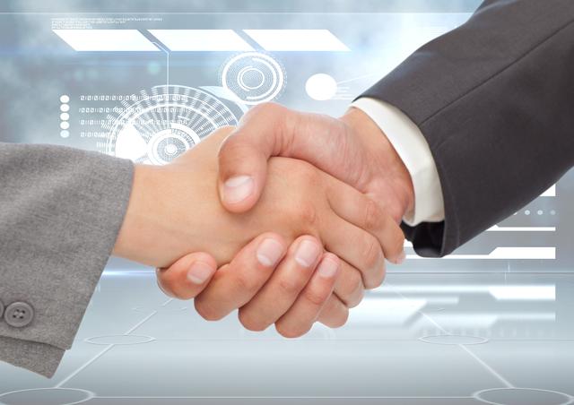 Digital composition of businessman shaking hands against digital background