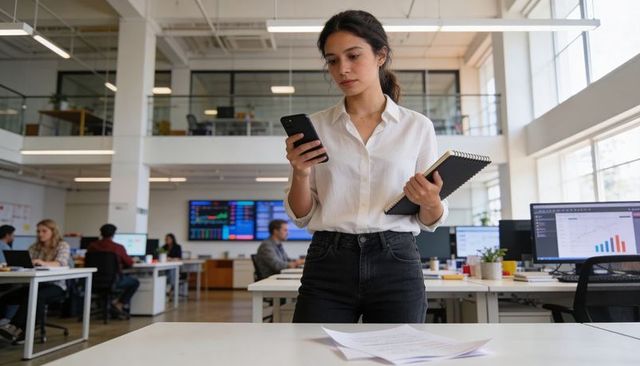 Young professional checking phone and notebook in open office with analytics displays