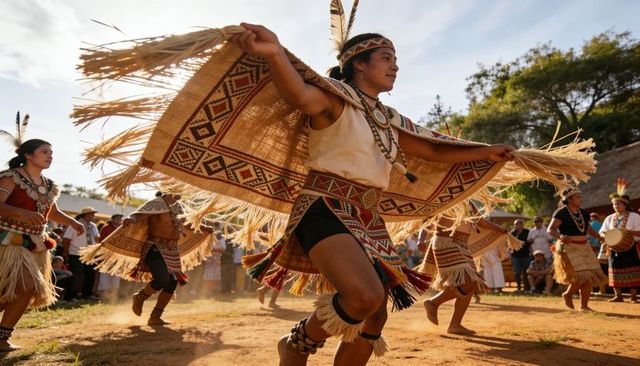 Indigenous dancer wearing woven fringe cape performing traditional festival dance