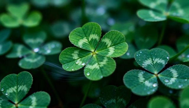 Four-leaf clover glistening with dew among variegated shamrock leaves macro
