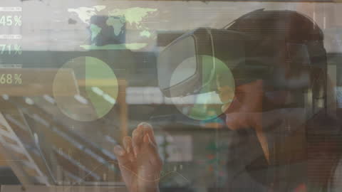 Caucasian Woman Exploring Virtual Reality Technology and Financial Data