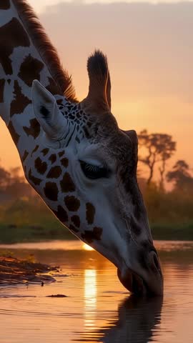 Giraffe Lowering Head to Drink at Sunset Waterhole Vertical Wildlife Video