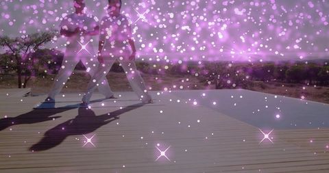 Practicing Martial Forms on Sunlit Deck with Pink Sparkle Bokeh Overlay