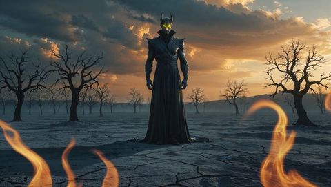 Horned lucifer standing on cracked earth with flames in apocalypse setting