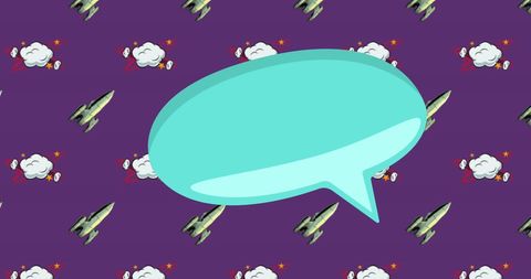 Speech Bubble with Rocket and Cloud Icons on Purple Background
