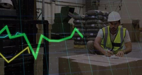 Warehouse Worker Analyzing Inventory with Digital Analytics Overlay