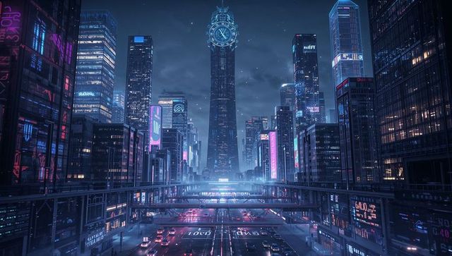 Glowing clocktower skyscraper towering over neon cyberpunk metropolis with light trails