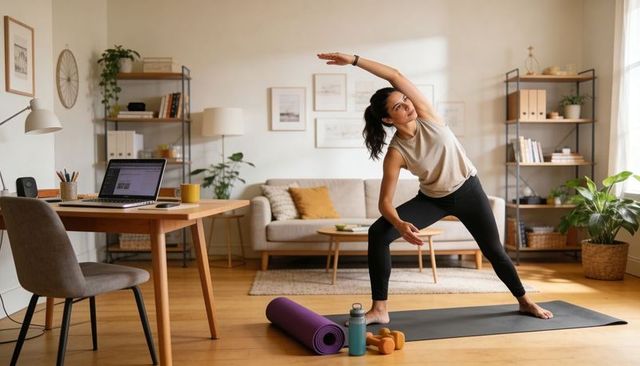 Sunlit home yoga stretching for remote work wellness in minimalist living room