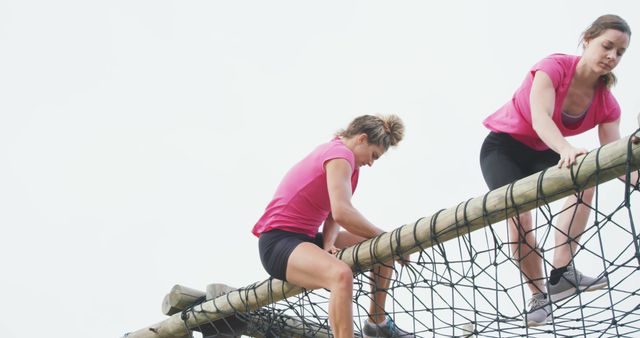 Two women climbing a rope net obstacle during a challenging outdoor activity. This image can be used in articles promoting team-building exercises, outdoor fitness routines, and adventure races. It can also illustrate themes of determination, strength, and coordination in action-packed environments.