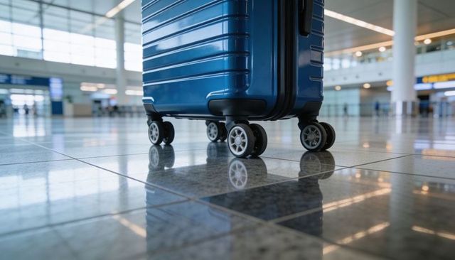 Blue hard-shell suitcase rolling across glossy airport terminal with spinner wheels