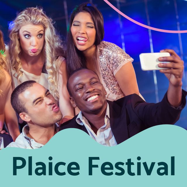Group of friends in a lively nightclub taking a selfie while making funny faces. Perfect for promoting nightlife, friendship, multicultural events, social gatherings, and party invitations. Vibrant and spirited atmosphere highlighting enjoyment and youthful excitement.