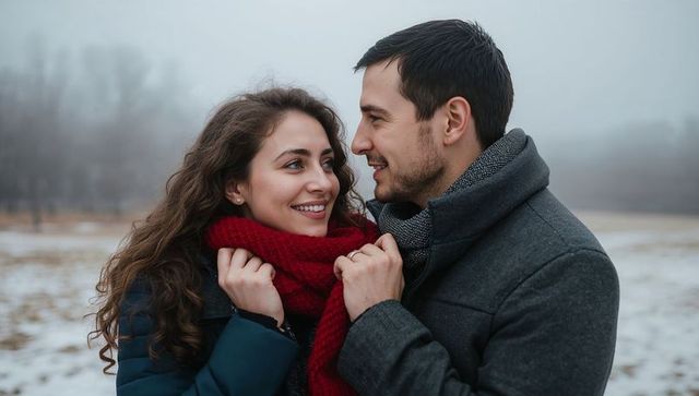 Romantic couple sharing tender moment in snowy field wearing red scarf and gray coat