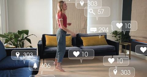 Young woman gesturing in living room with social media overlays and modern decor
