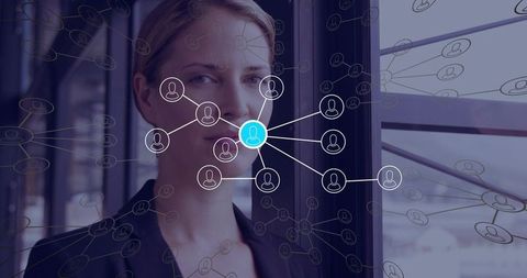 Businesswoman Standing by Office Window Connecting Digital Network Node for Leadership