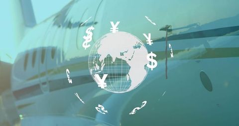 Global currency symbols and luxury jet