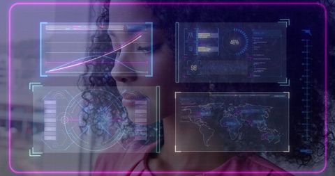 Futuristic Data Analysis Future Woman with Interactive Holographic Panels