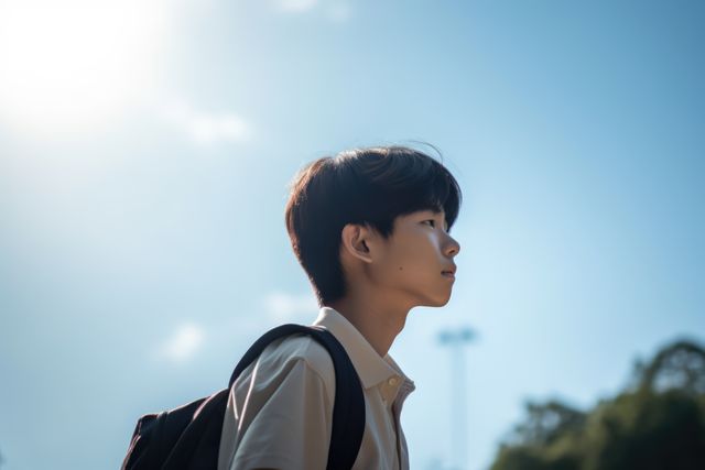 Profile of asian schoolboy in sunny street, created using generative ai technology. Back to school, learning and education concept digitally generated image.
