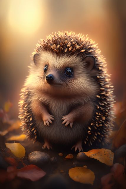 An adorable, small hedgehog standing on forest ground covered with fall leaves, bathed in warm evening sunlight. Perfect for animal fans, nature blogs, fall-themed projects, wildlife conservation campaigns, and educational material for children.