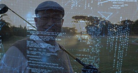 Golfer Shouldering Club with Digital Code Overlay at Sunset Golf Course