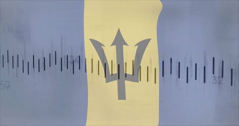 Black trident symbol merging with financial bar charts on barbados flag