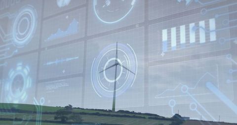 Wind Turbine in Eco-Friendly Digital Overlay Landscape