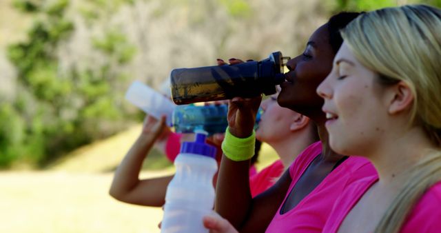 Group of women hydrating during an outdoor workout, wearing pink activewear and holding water bottles. Perfect for promoting fitness events, healthy living, outdoor activities, and sports team advertisements.