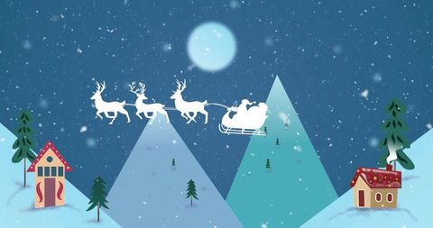 Santa claus with reindeer sled flying over snowy mountains