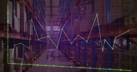 Financial data overlaying busy warehouse interior