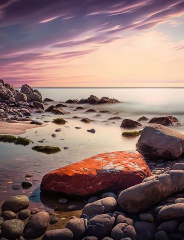 Tranquil beachscape with rocks at sunset
