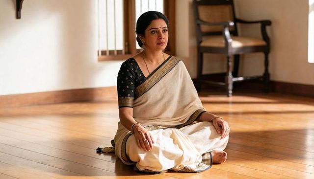 Indian woman sitting in cream saree and black blouse, meditating on wooden floor