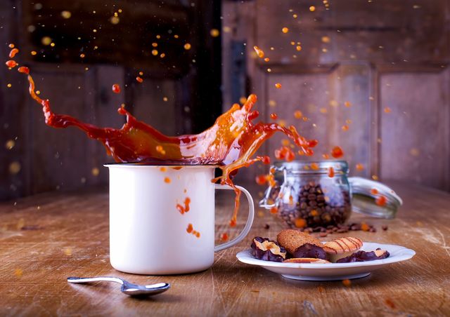 Spilled Coffee Splash with Cookies and Coffee Beans - Download Free Stock Images Pikwizard.com