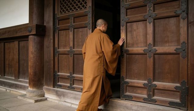 Bald monk entering temple doorway in saffron robe placing hand on wooden door