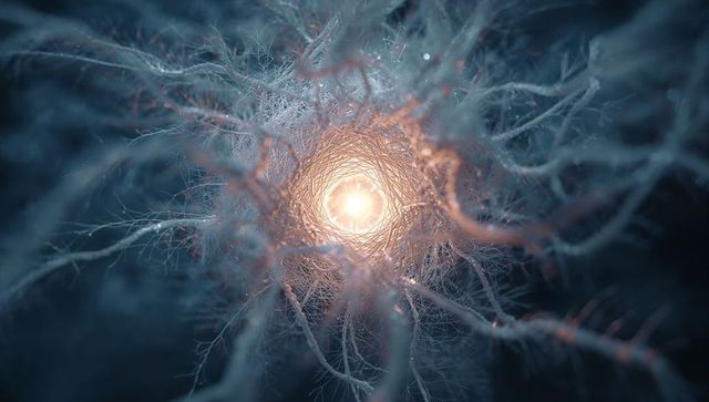 Luminescent spiral of fibrous filaments converging toward glowing core, microscopic abstract
